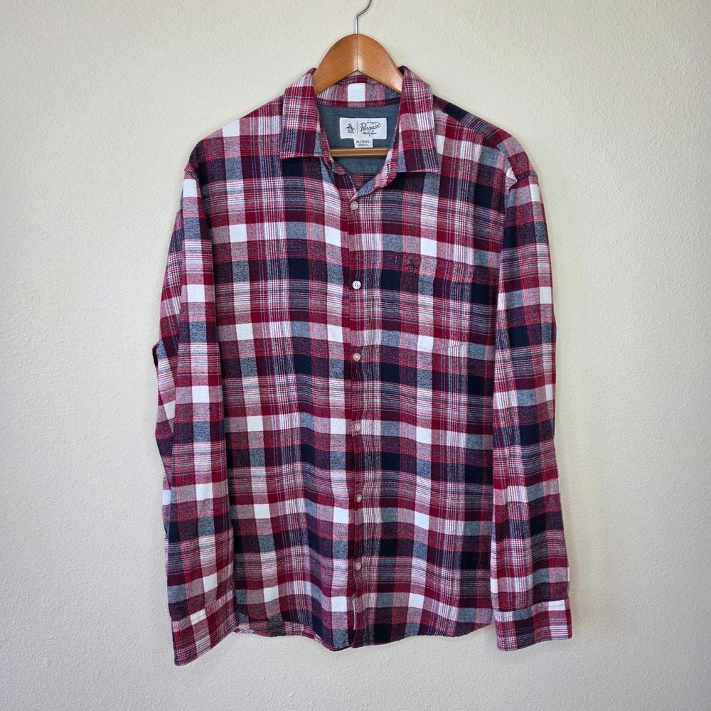 Original Penguin Mens XL Plaid Button Down Shirt Red Navy Blue Long‎ Sleeve Logo